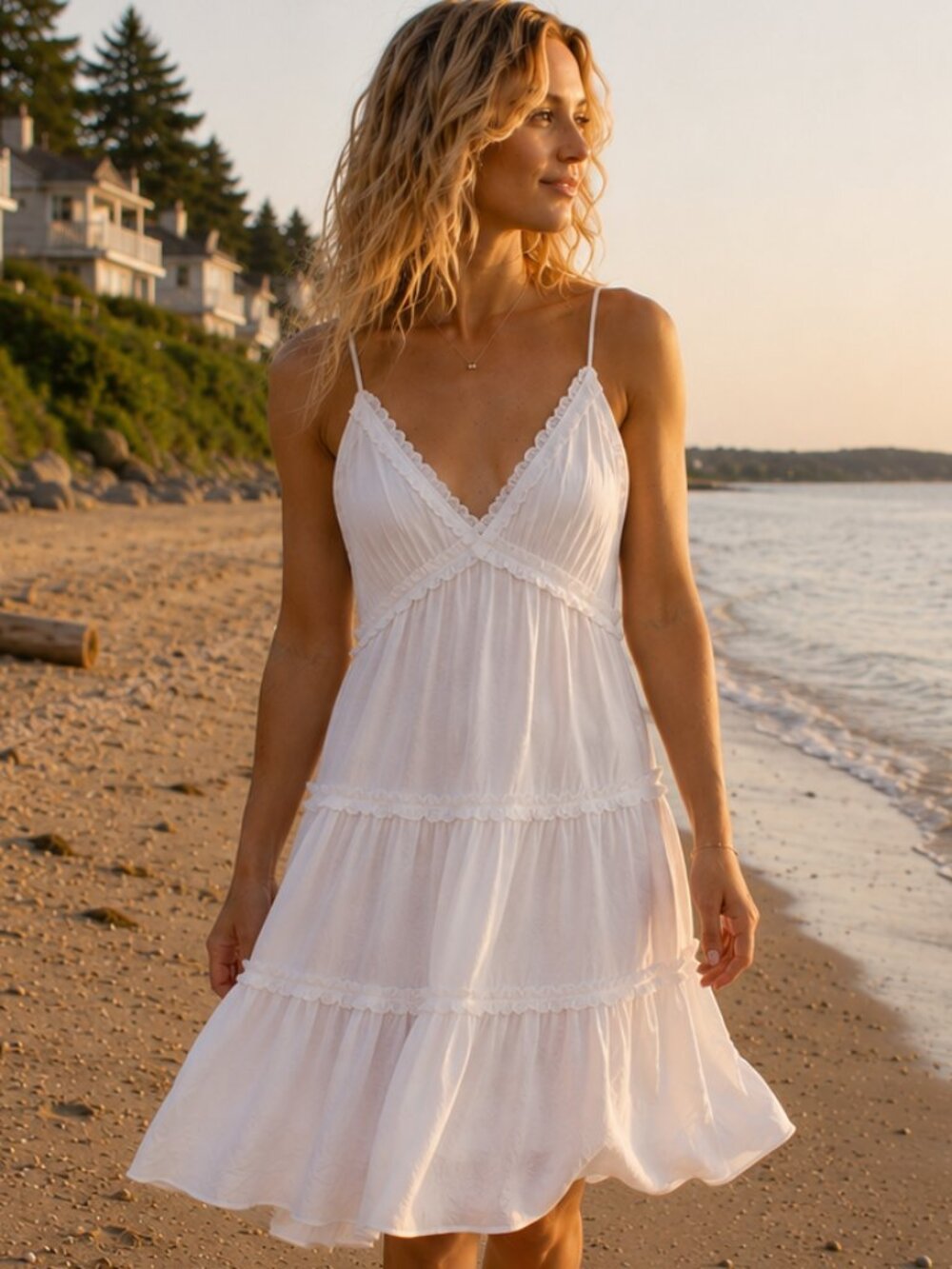 Max + Ash White Cotton Babydoll Ruffle Mini Dress Smocked Back Size S Beach Days